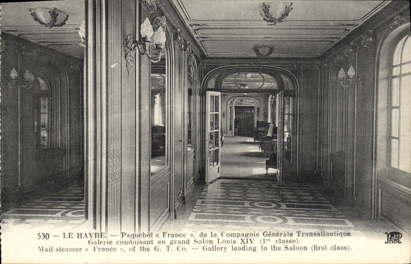 Vapor Francia de Le Havre del barco de la POSTAL de la VENDIMIA de la galería transatlántica de General Company que lleva a la sala de estar grande Louis XIV