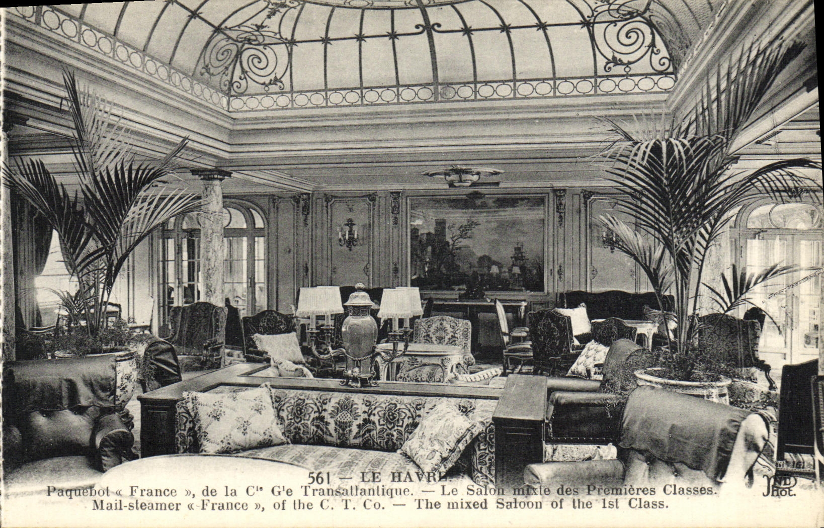 Vapor Francia de Le Havre del barco de la POSTAL de la VENDIMIA de los Transatlantic General Company la sala de estar mezclada de las primeras clases
