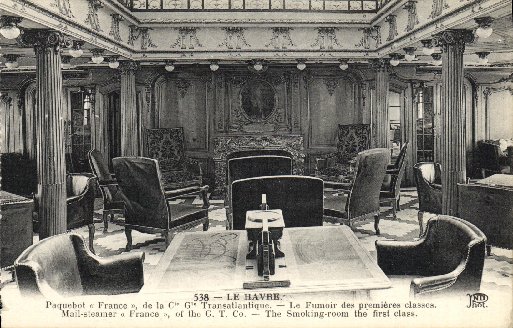 Vapor Francia de Le Havre del barco de la POSTAL de la VENDIMIA de los Transatlantic General Company el fumar-cuarto de las primeras clases