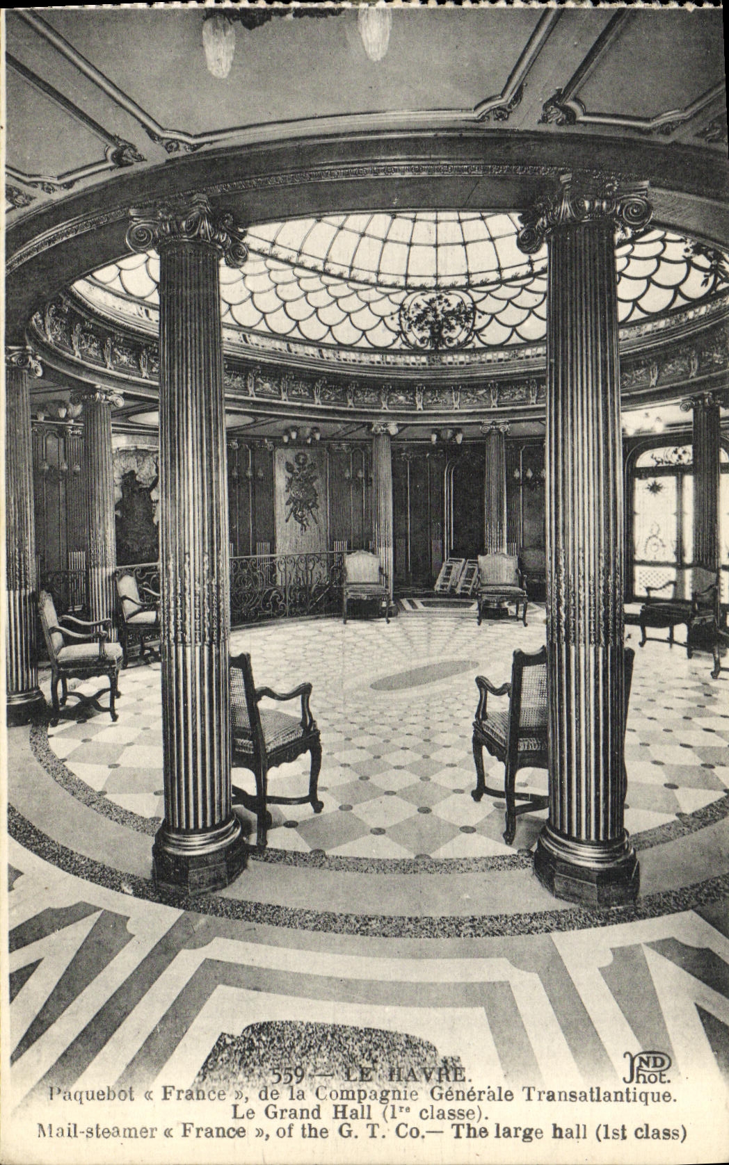 Vapor Francia de Le Havre del barco de la POSTAL de la VENDIMIA de los Transatlantic General Company el pasillo grande