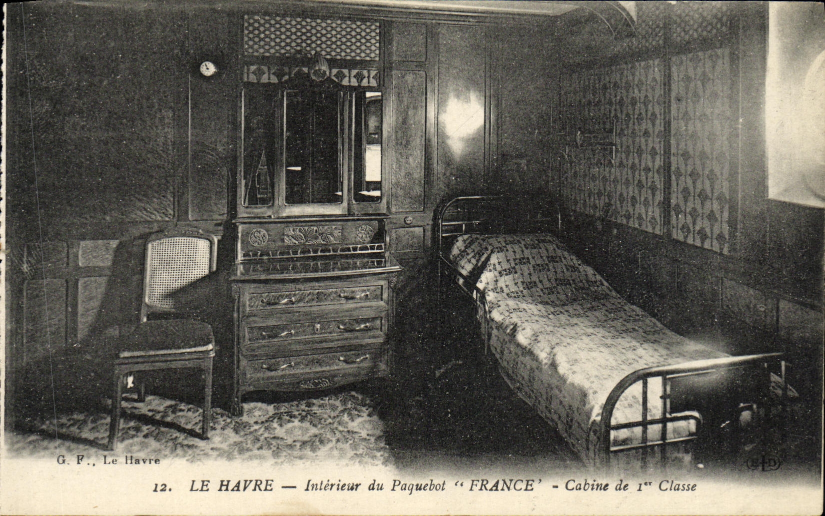 Barco Le Havre interior de la POSTAL de la VENDIMIA de la cabina de Francia del vapor de la 1ra clase