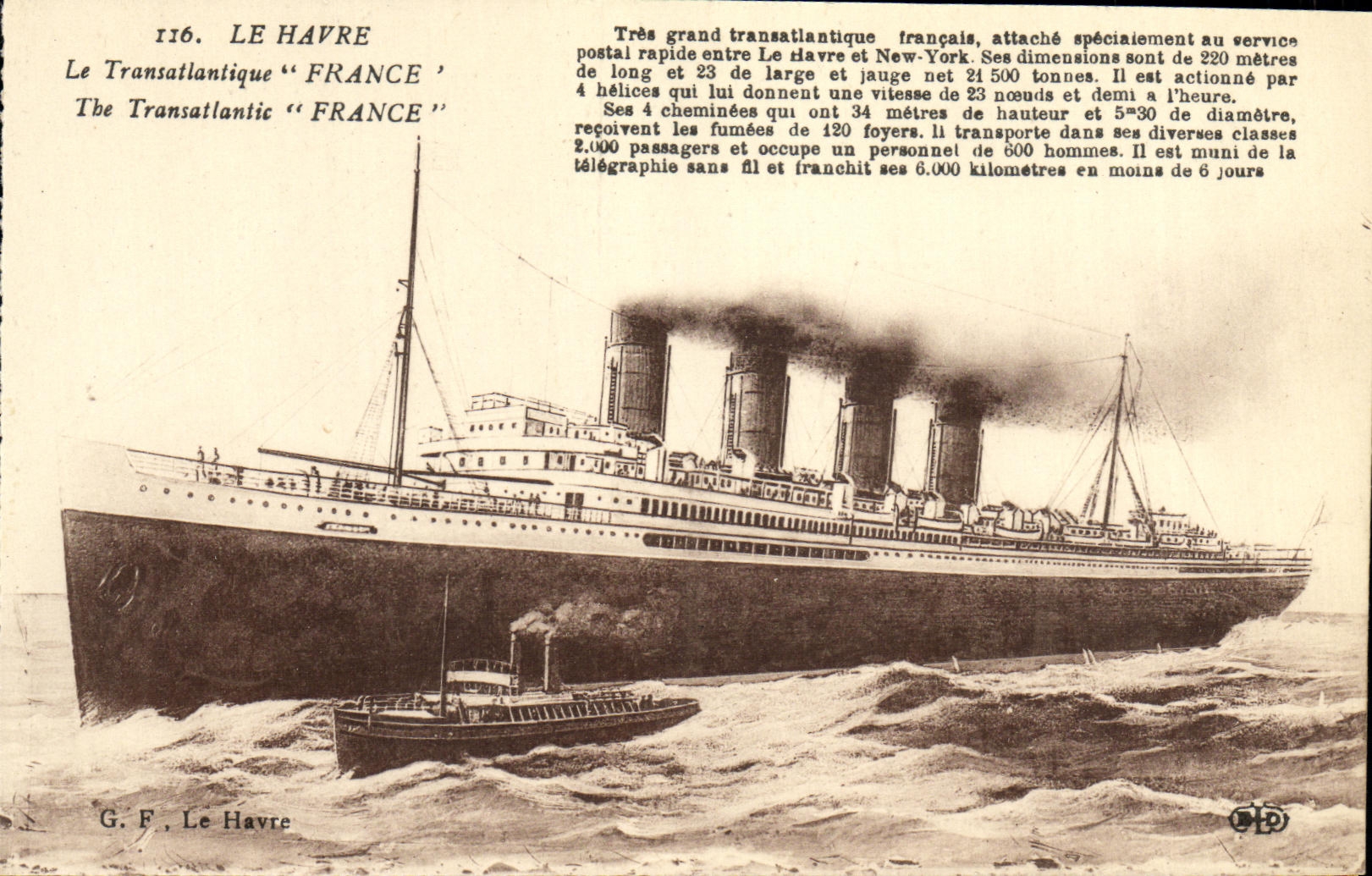 Barco Le Havre de la POSTAL de la VENDIMIA la silla de cubierta Francia