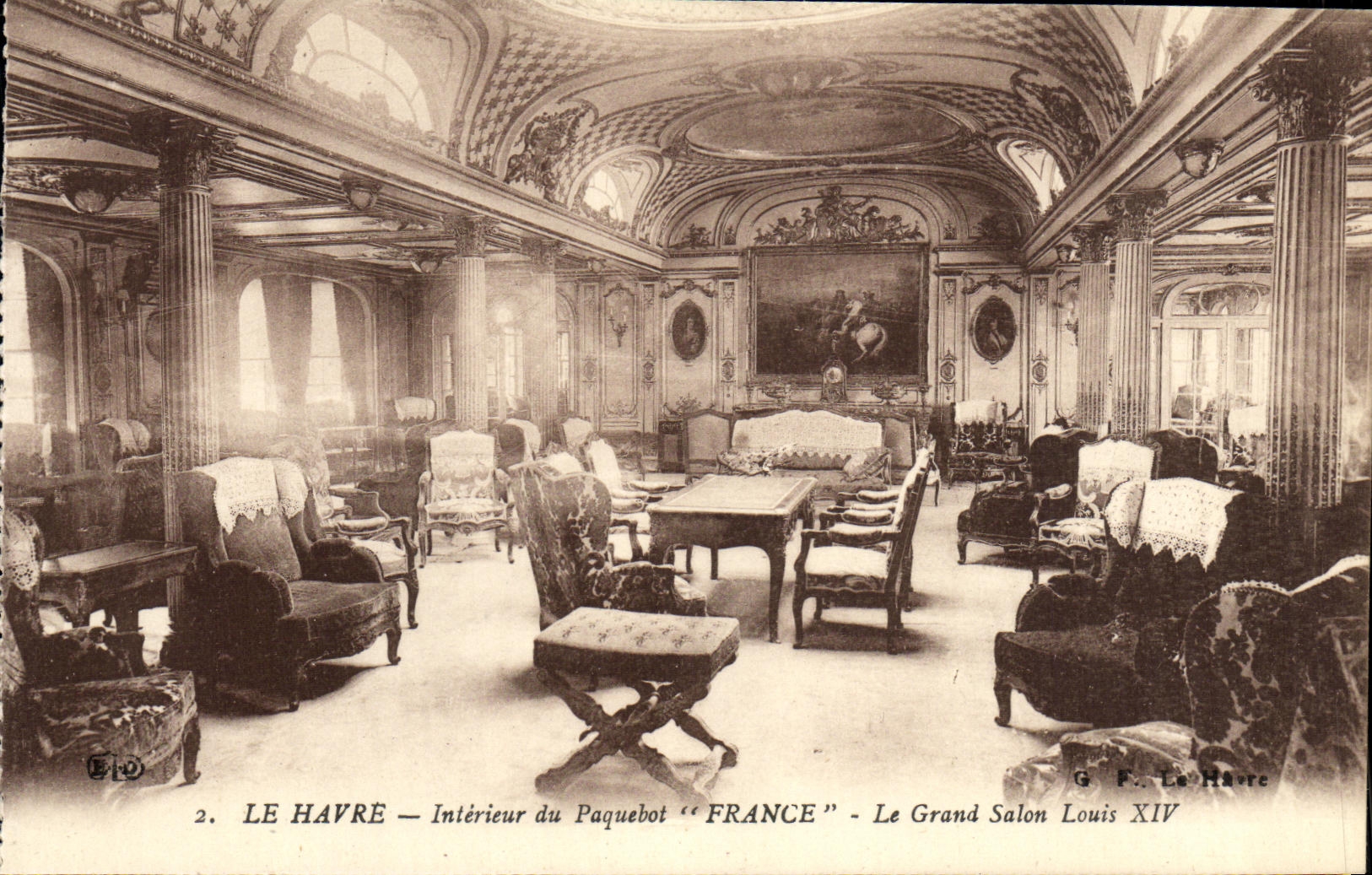 Barco Le Havre de la POSTAL de la VENDIMIA la sala de estar grande Louis XIV de Francia de la silla de cubierta