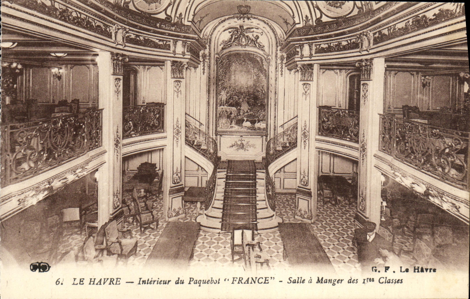 Barco Le Havre de la POSTAL de la VENDIMIA que el comedor interior de Francia de la silla de cubierta del 1r clasifica