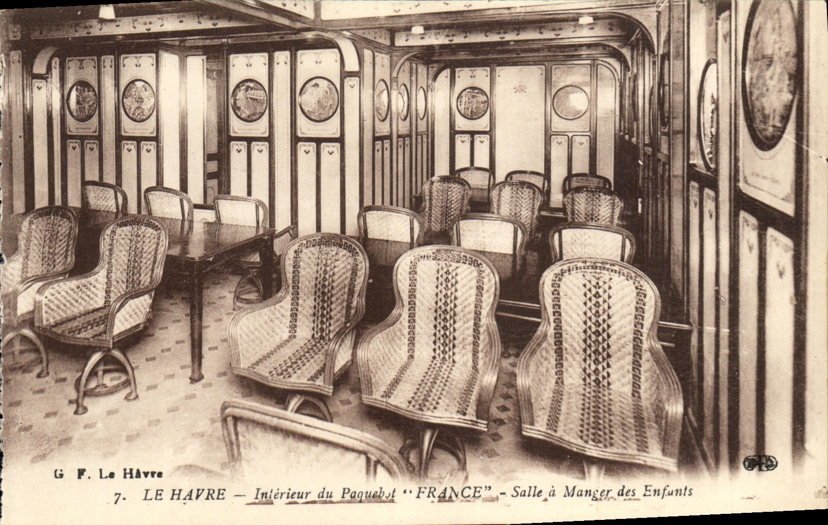 Barco Le Havre de la POSTAL de la VENDIMIA el comedor interior de Francia de la silla de cubierta de los niños