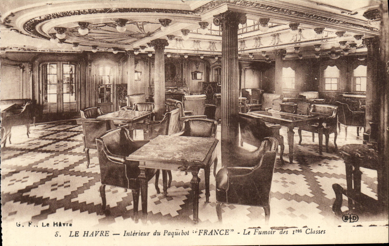 Barco Le Havre de la POSTAL de la VENDIMIA la silla de cubierta Francia que el fumar-cuarto del 1r clasifica