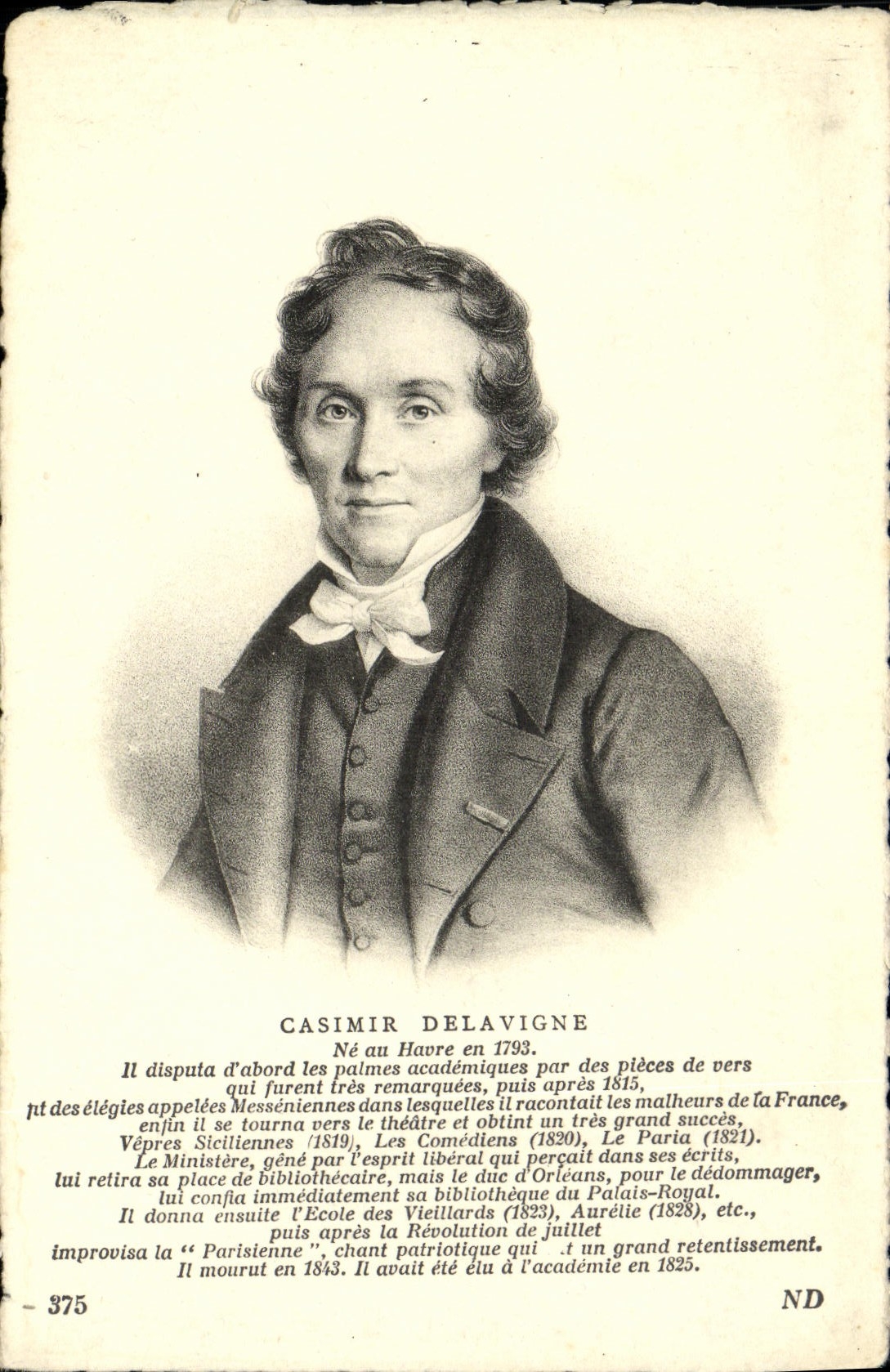 VINTAGE POSTCARD Casimir Delavigne in Le Havre 1793