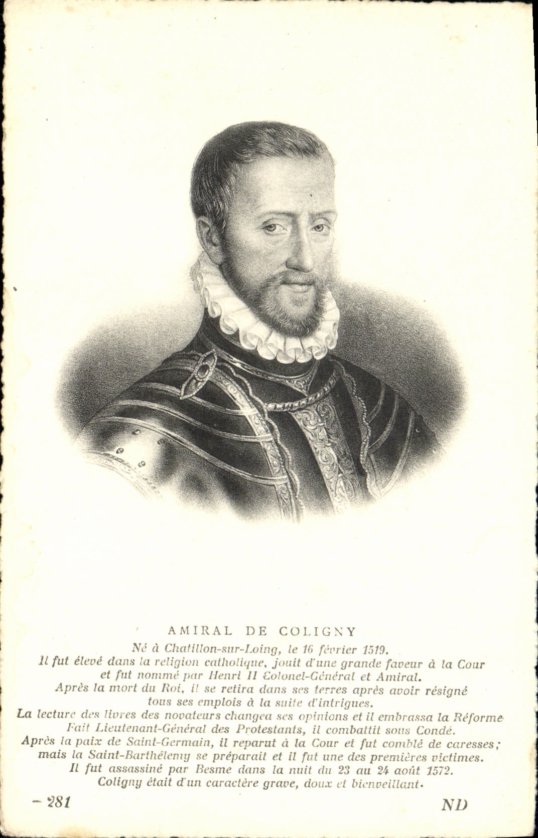 VINTAGE POSTCARD Admiral De Coligny does not have Chatillon on Loing