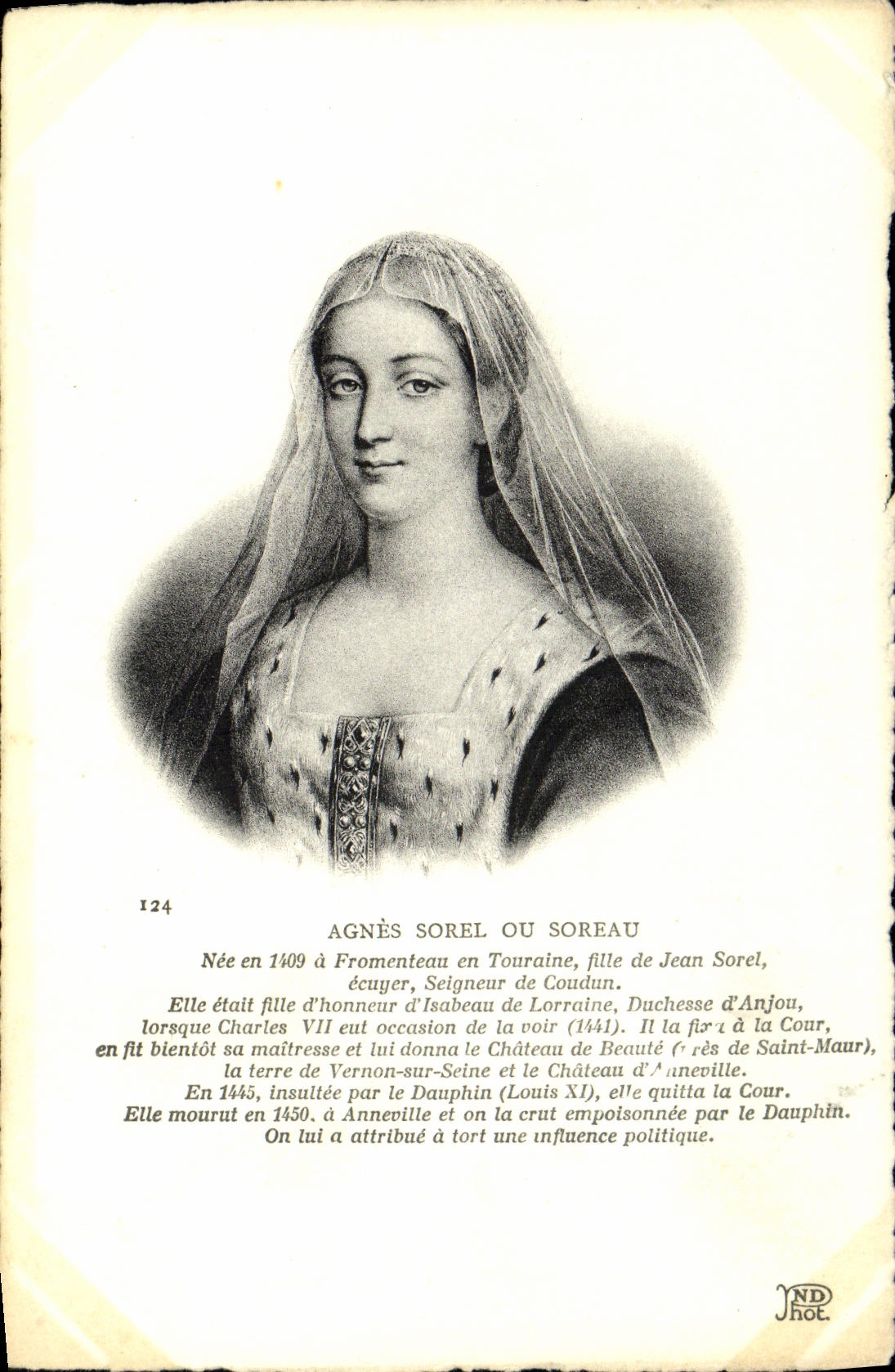 POSTAL Inés Sorel de la VENDIMIA o muchacha de Soreau de la muchacha de Jean Sorel del honor de Isabeau de la duquesa de Lorena de Anjou