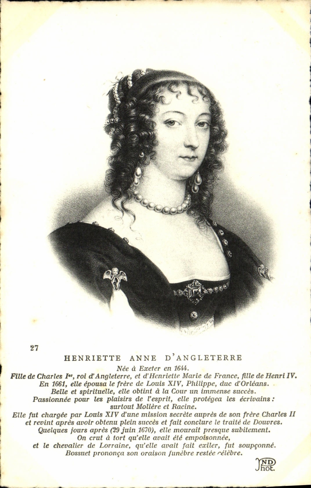 VINTAGE POSTCARD Henriette Anne Of England Girl of Charles 1st king d' Angleterre