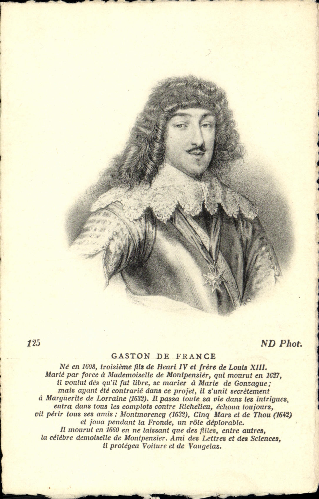 VINTAGE POSTCARD Gaston De France Wire S of Henri IV and brother of Louis XIII