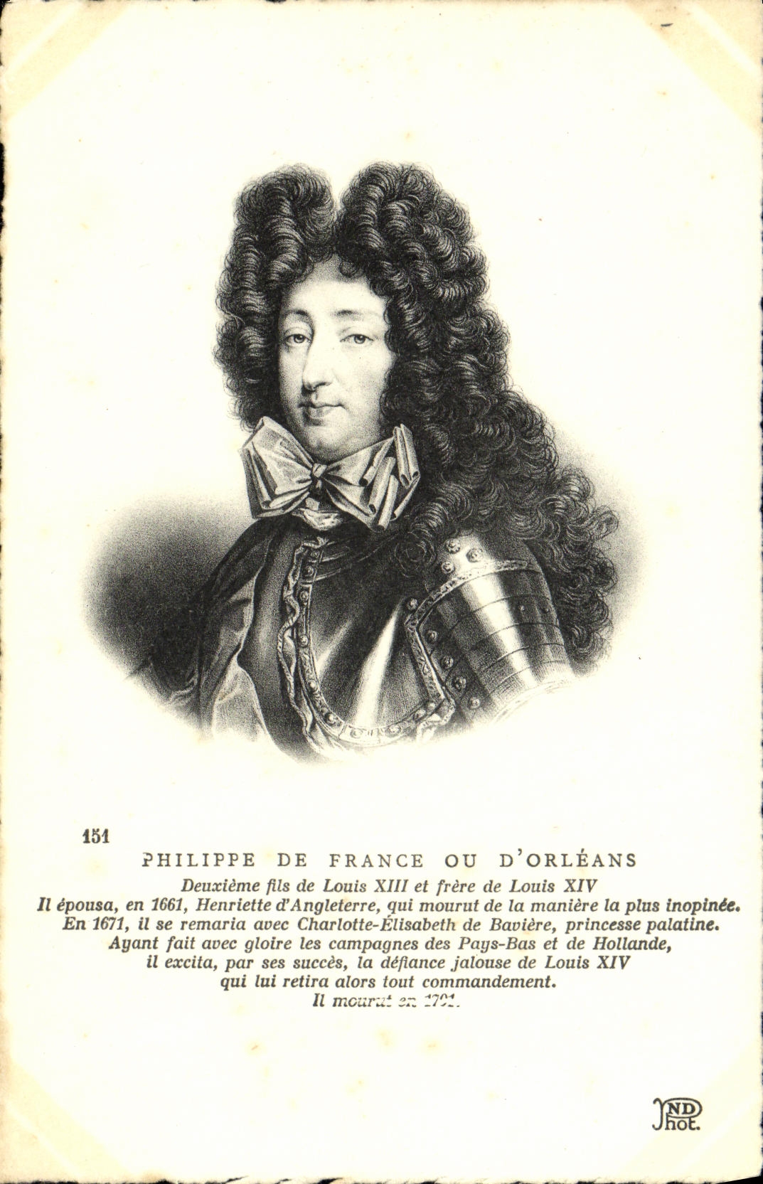POSTAL Felipe de Francia de la VENDIMIA o del alambre de Orleans de Louis XIII y del hermano de Louis XIV