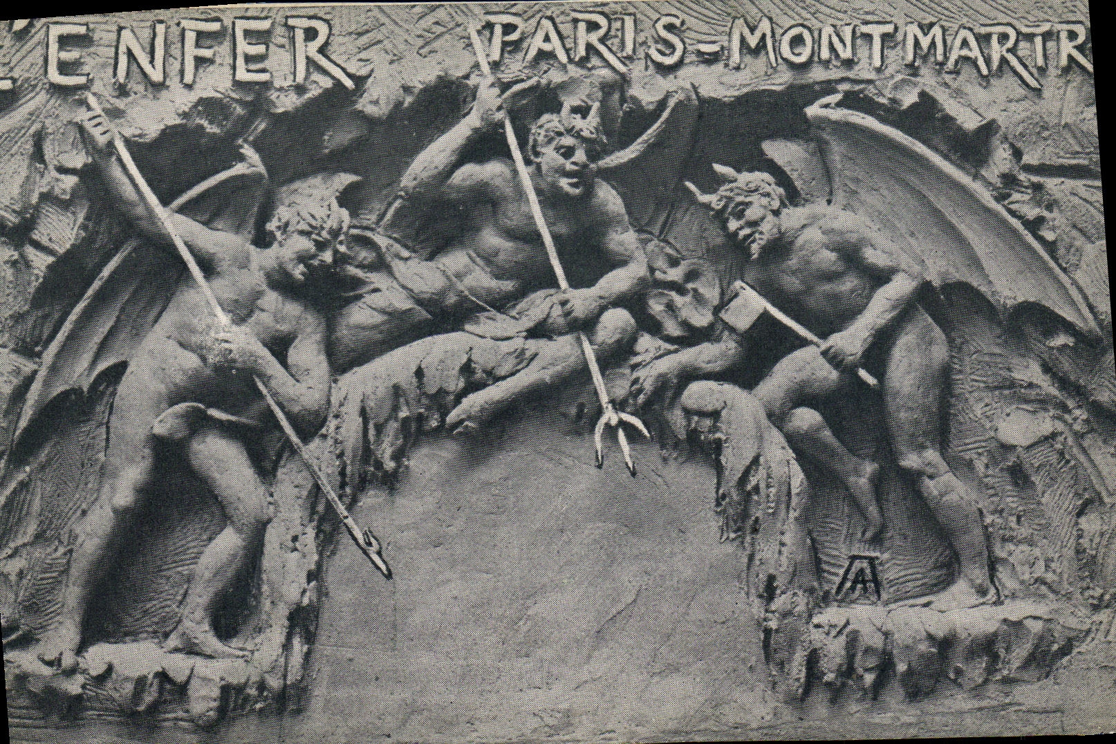 Fantasía de la POSTAL de la VENDIMIA el diablo de París Montmartre del infierno