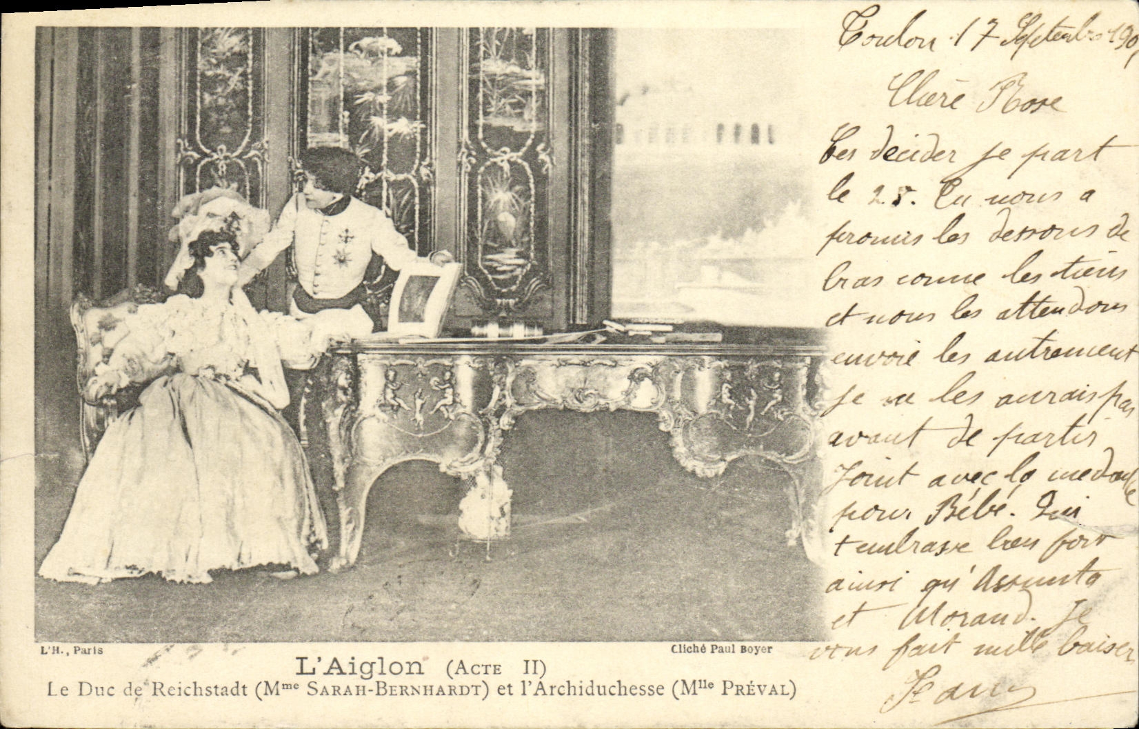 Teatro de la POSTAL de la VENDIMIA el duque de Eaglet de Reichstadt Sarah Bernhardt y la Srta. de la archiduquesa preval