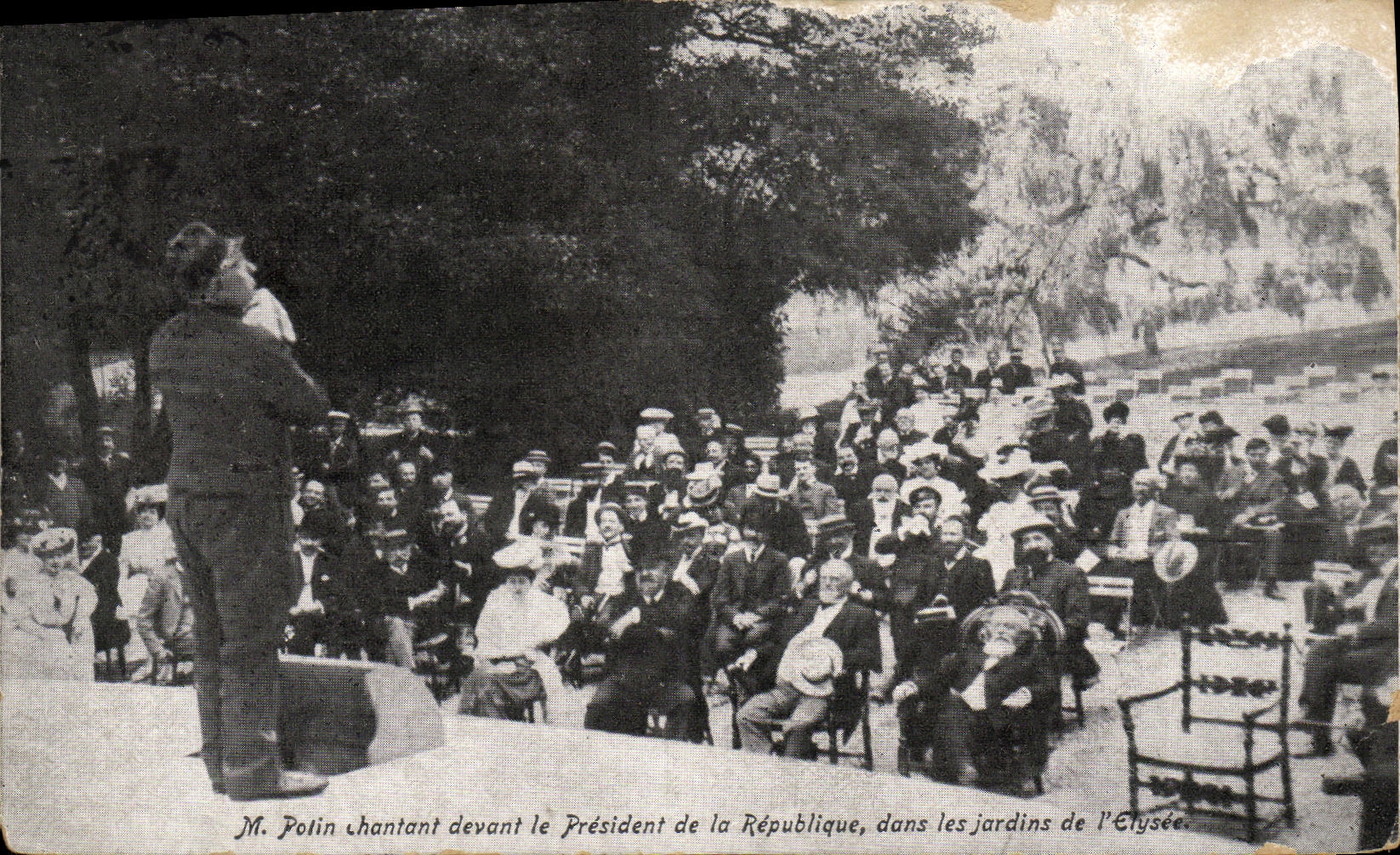 VINTAGE POSTCARD Theater Mr. Potin singing in front of the President of the Republic in the gardens of the Elysium