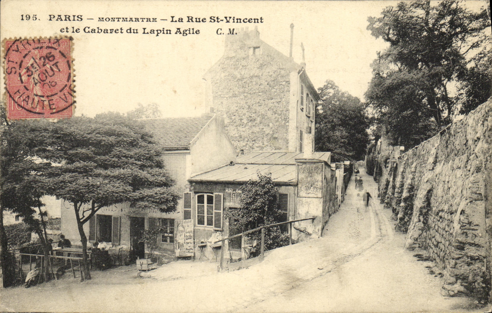 VINTAGE POSTCARD Paris Montmartre the street Holy Vincent and the Cabaret of Nimble Rabbit