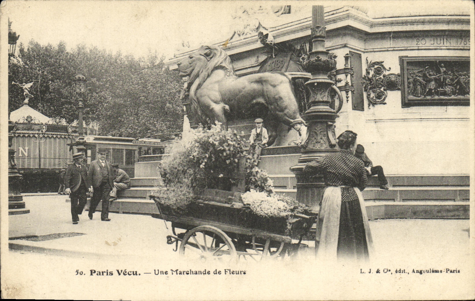 VINTAGE POSTCARD Paris Lived commercial of flowers Trades Lion of Belfort TOP