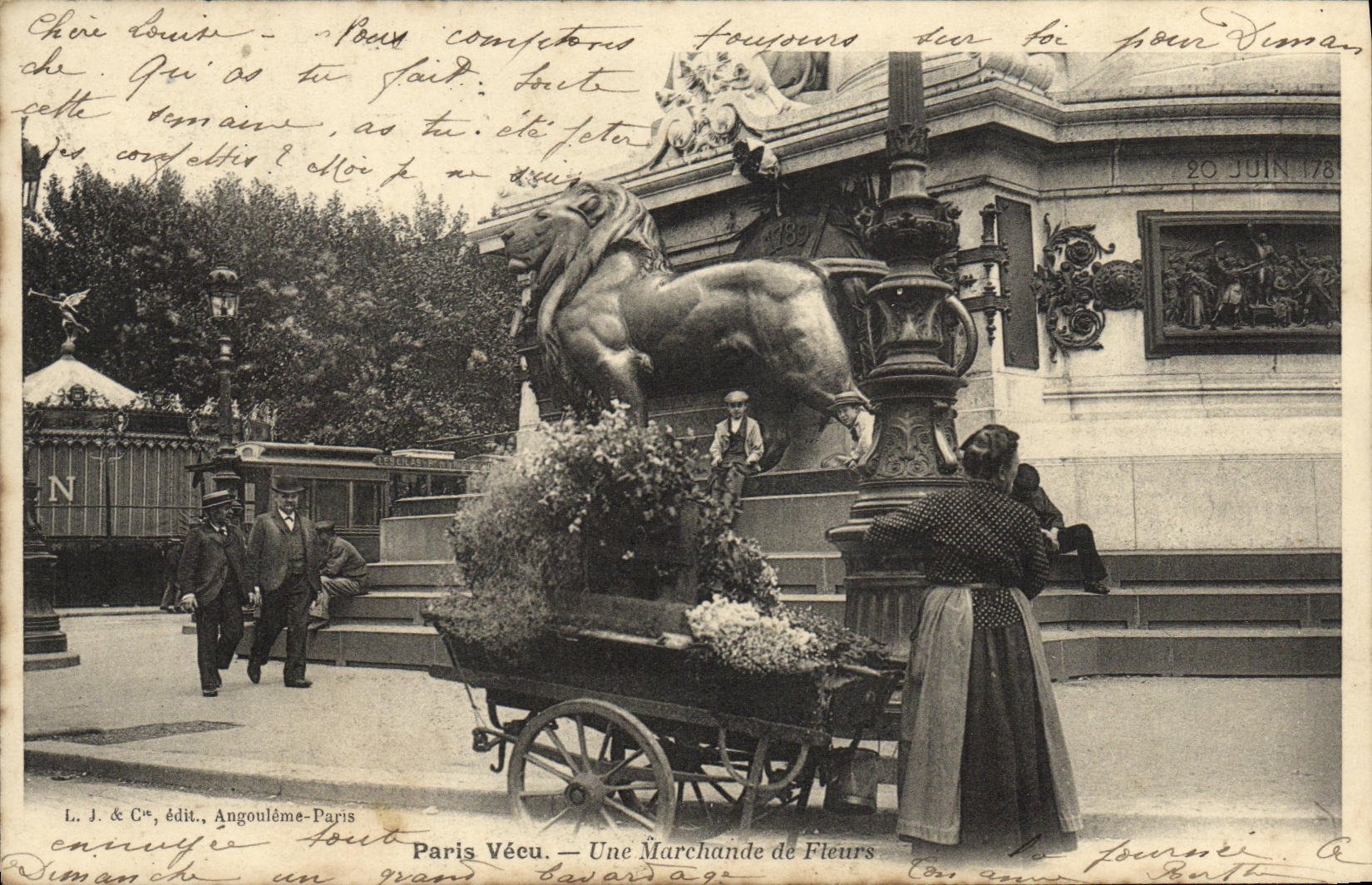 VINTAGE POSTCARD Paris Lived a machande of flowers lion of Belfort TOP