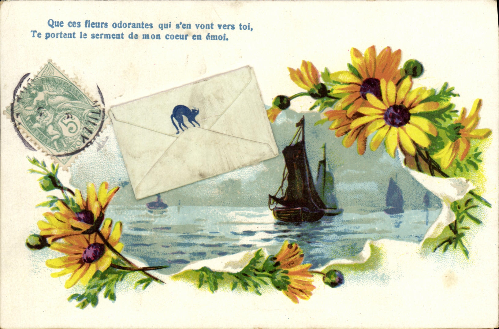 CPA Fantaisie Fleurs Bateau
