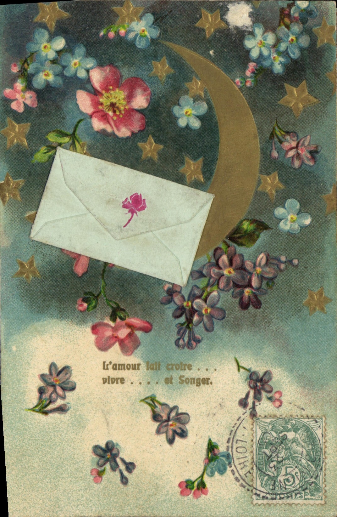 CPA Fantaisie Fleurs lettre Lune 