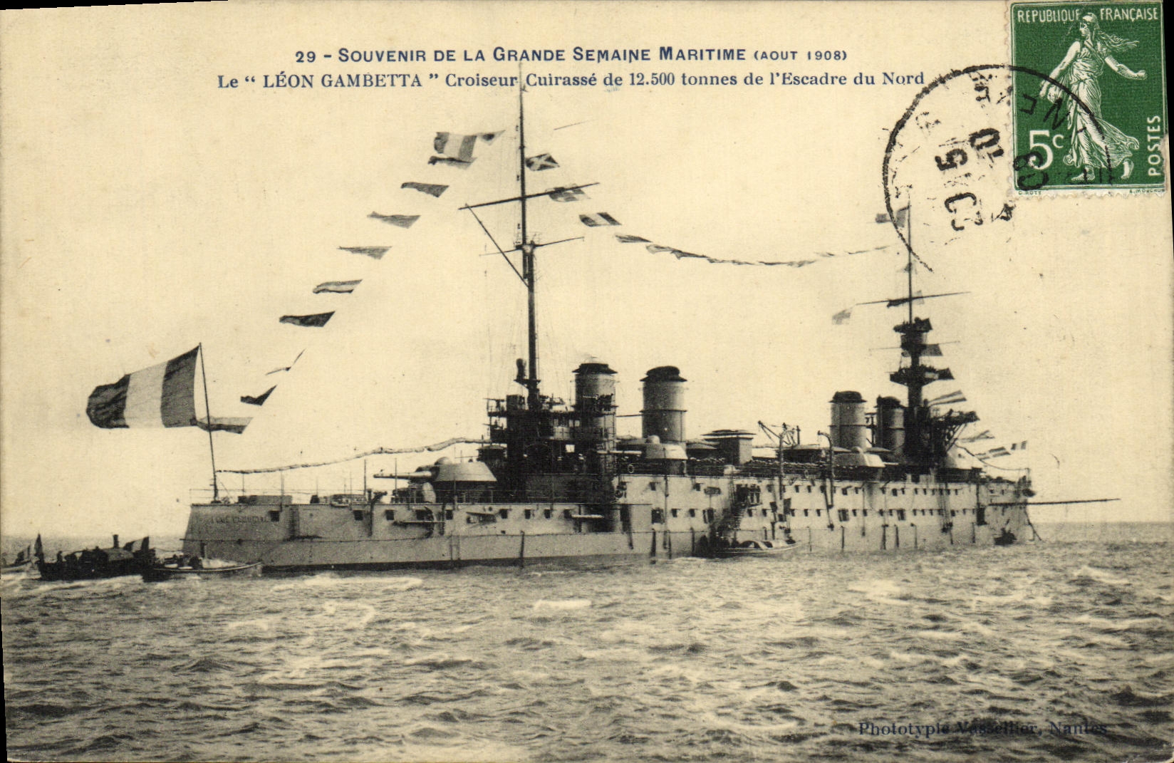 VINTAGE POSTCARD Bateau Souvenir of the Great maritime week August 1908 the Leon Gambetta Croiseur Armours squadron of North