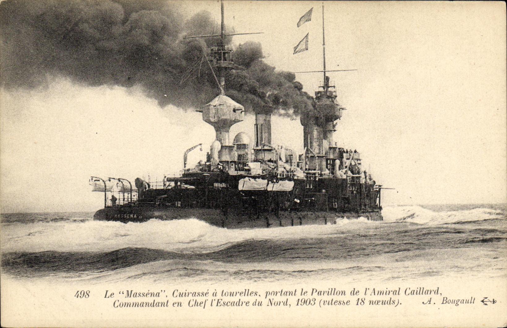 VINTAGE POSTCARD Bateau Massena Croiseur has turrets carrying the house of the admiral Caillard