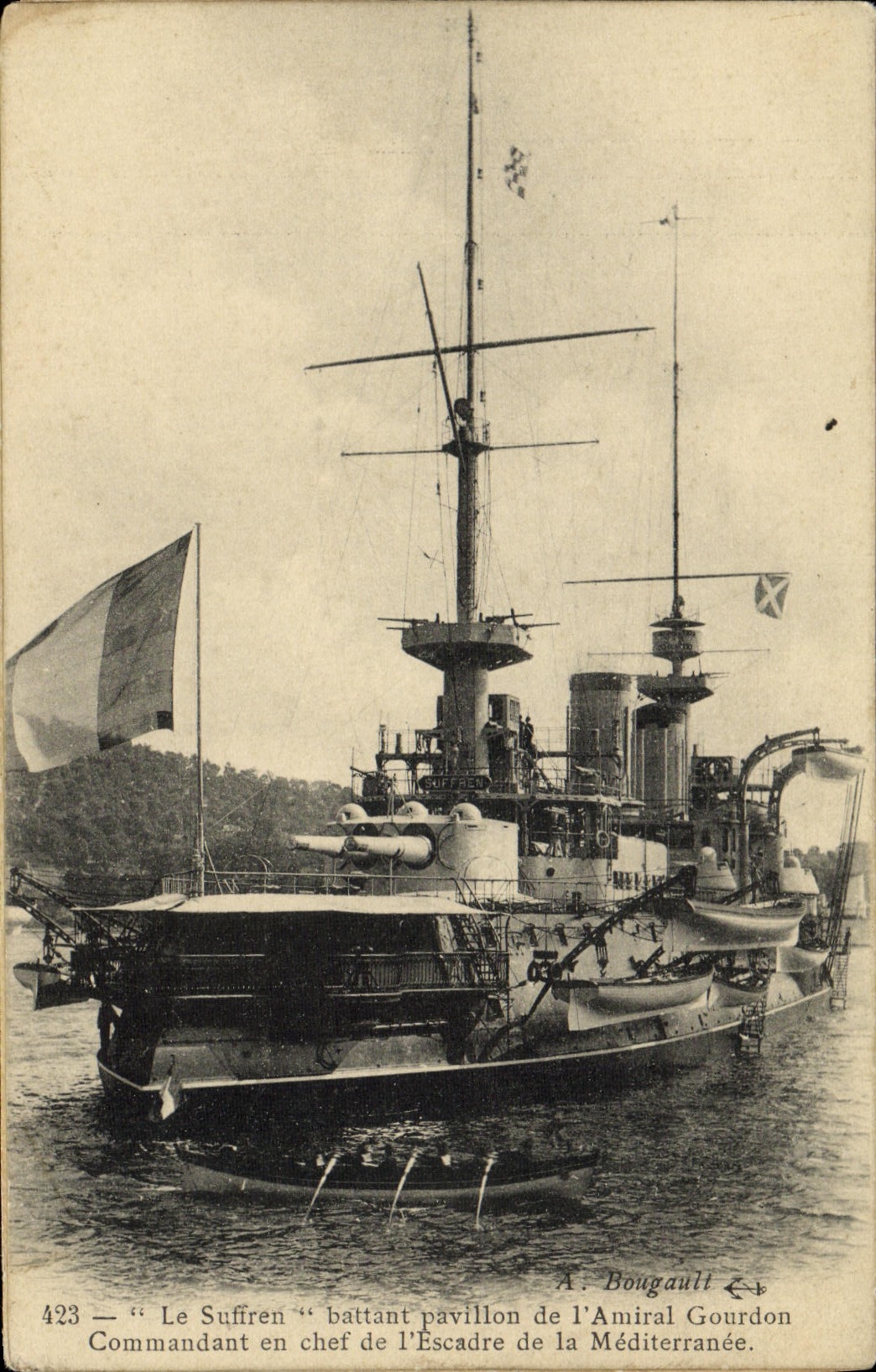 CPA Bateau Le Suffren battant pavillon de l'amiral Gourdon Commandant en chef de l'escadre de la Mediterranee