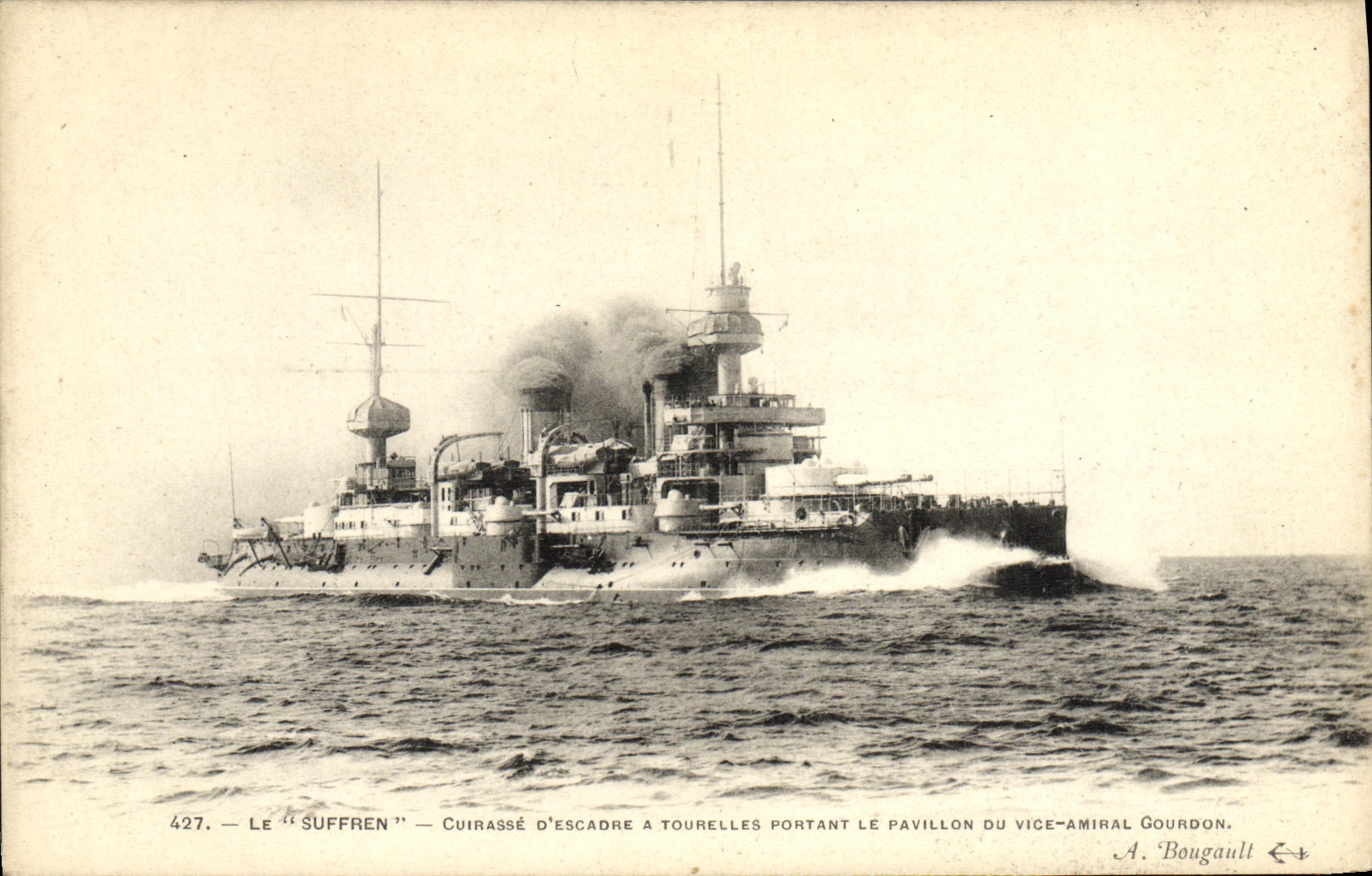 CPA Bateau Le Suffren Cuirasse d'escadre a tourelles portant le pavillon du vice-amiral Gourdon 