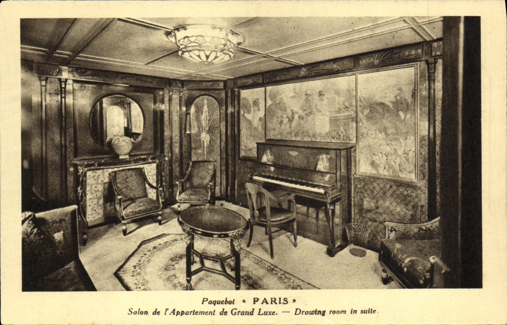 VINTAGE POSTCARD Boat Steamer Paris Living room of the apartment of great luxury piano