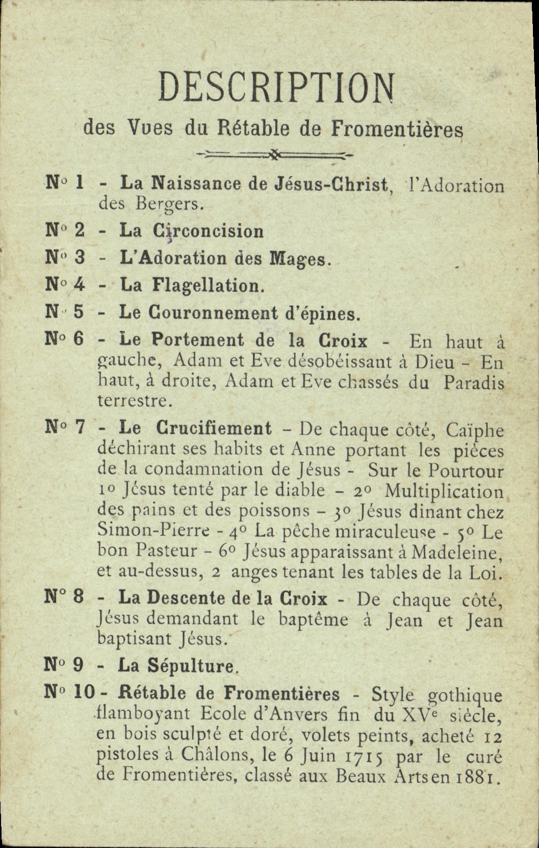 VINTAGE POSTCARD Description of the sights of the retable of Fromentieres