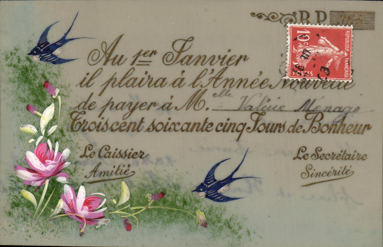 CPA Fantaisie Fleurs (decor a la main) Hirondelles