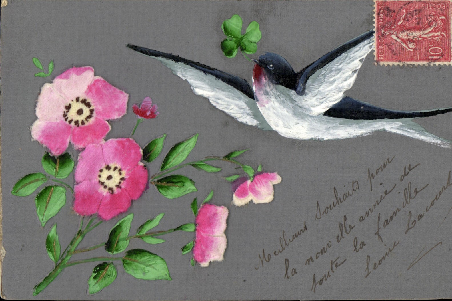 CPA Fantaisie Fleurs Hirondelle