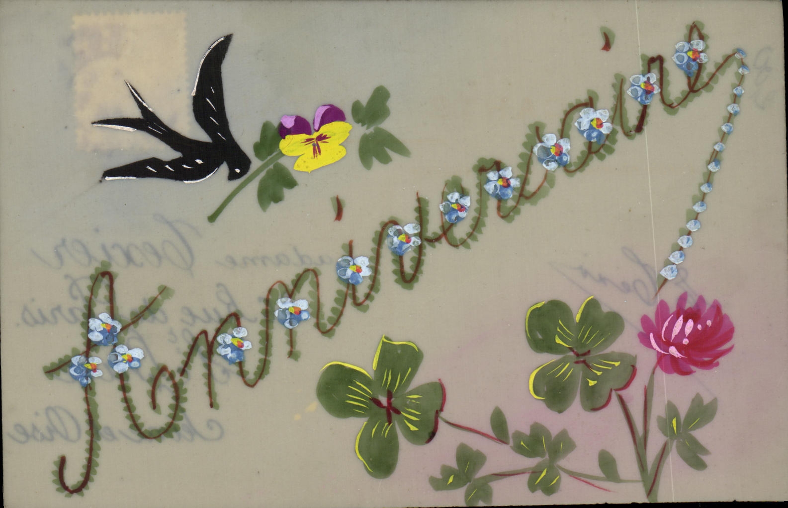 VINTAGE POSTCARD Fantasy Flowers Birthday Swallow Clover