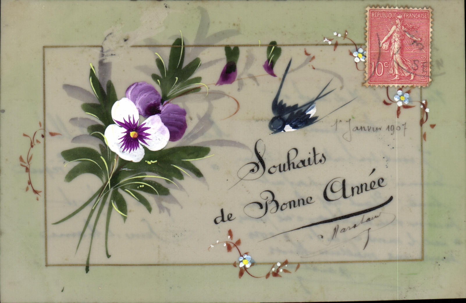 CPA Fantaisie Fleurs Hirondelle