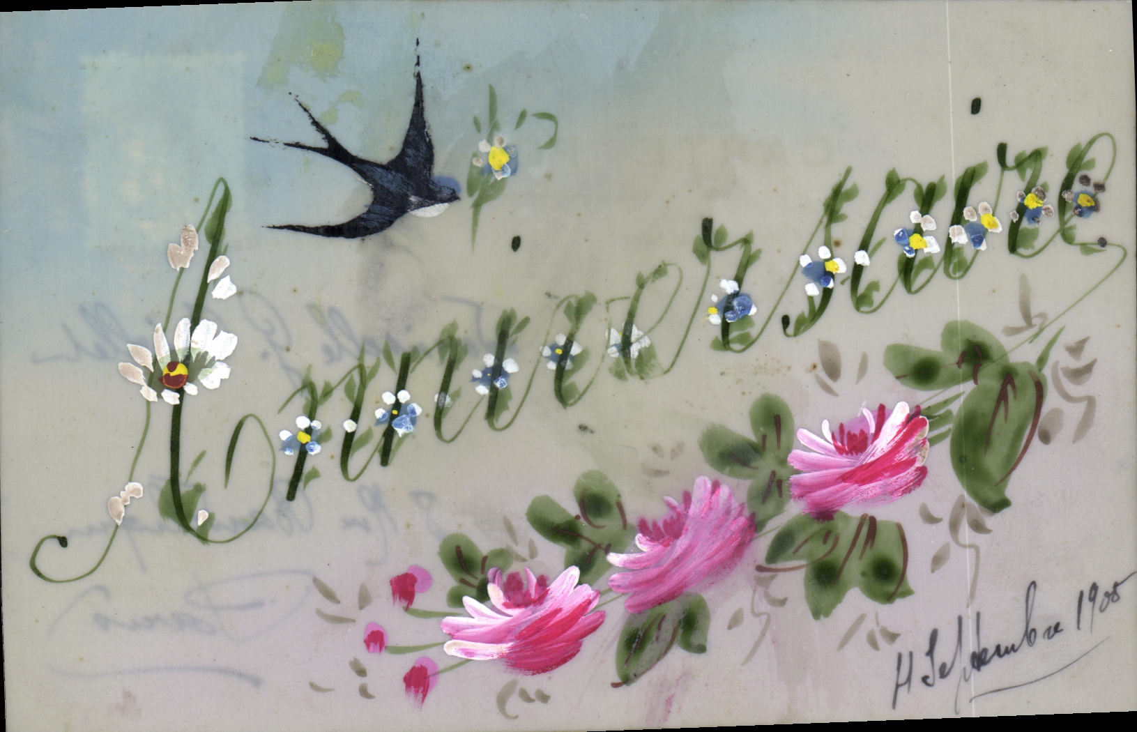 CPA Fantaisie Fleurs Anniversaire Hirondelle 