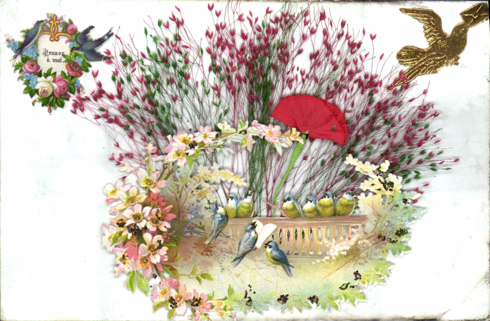 CPA Fantaisie Fleurs Oiseaux
