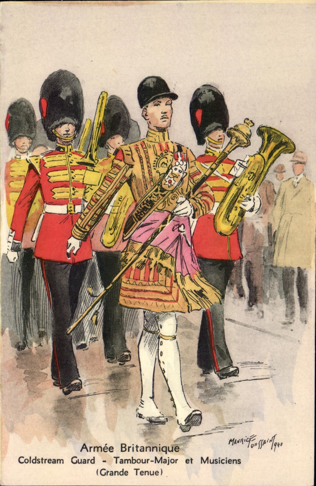 CPA Armee britannique anglaise Militaria Coldstream Guard Tambour major et musiciens Gradne tenue 