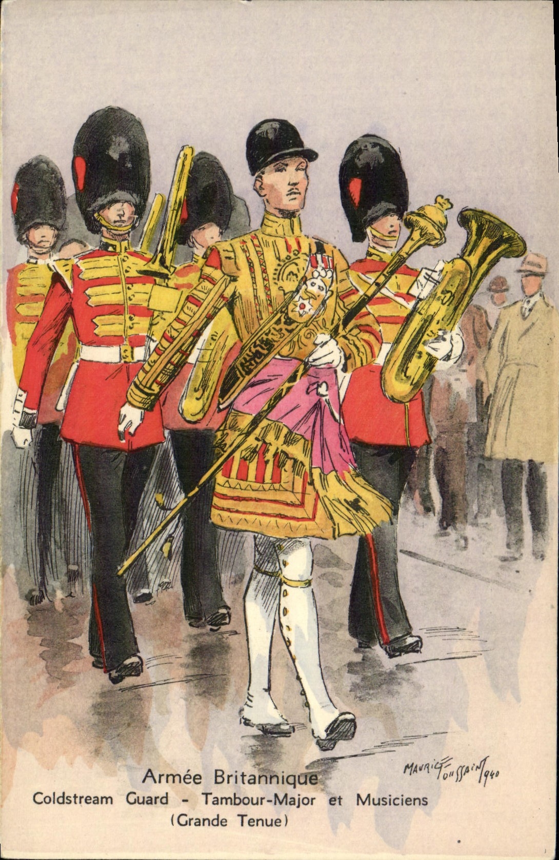 VINTAGE POSTCARD Armed British English Militaria Coldstream Guard Drum major and musicians