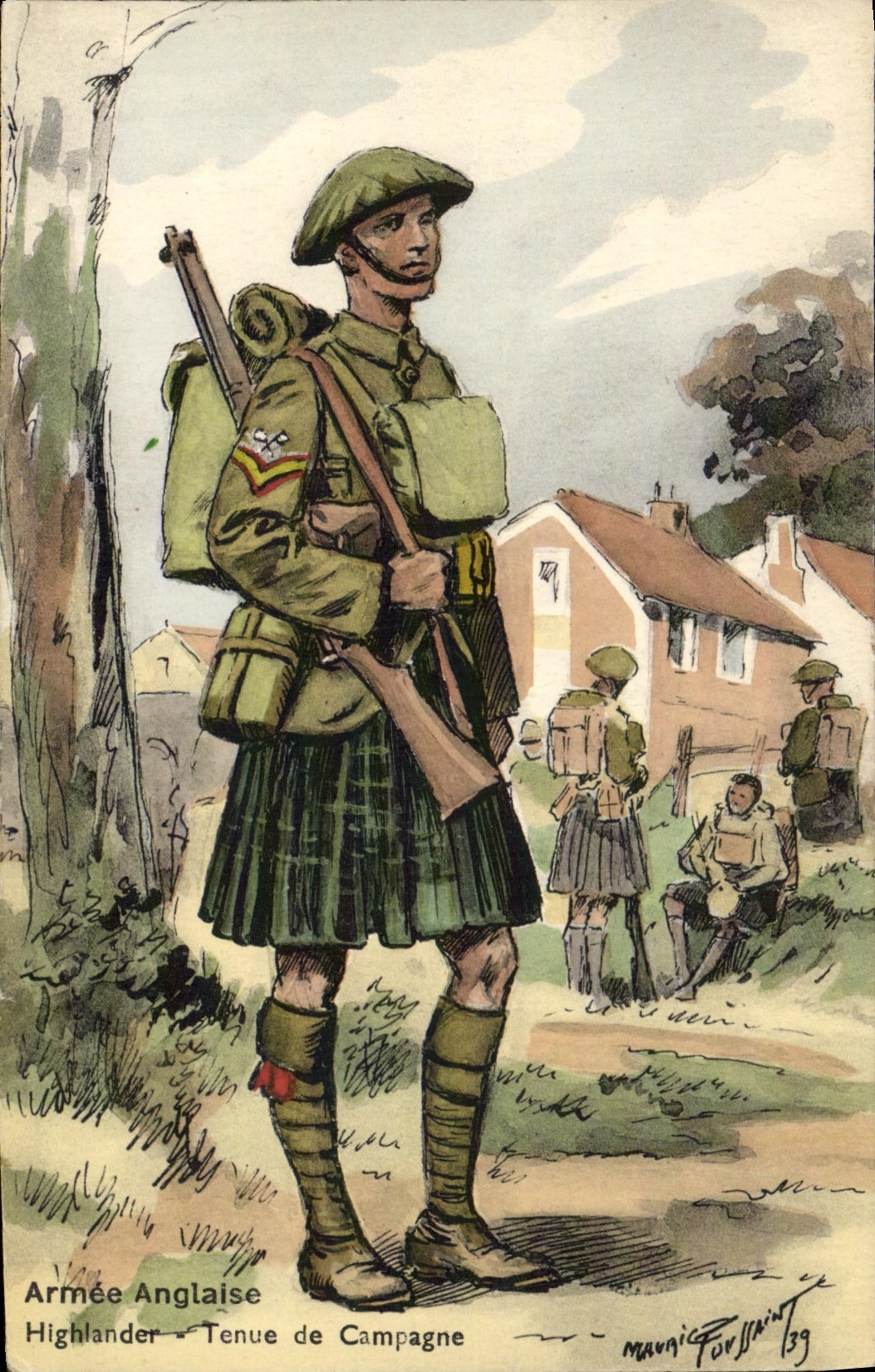 VINTAGE POSTCARD Militaria Armed English Highlander Combat dress