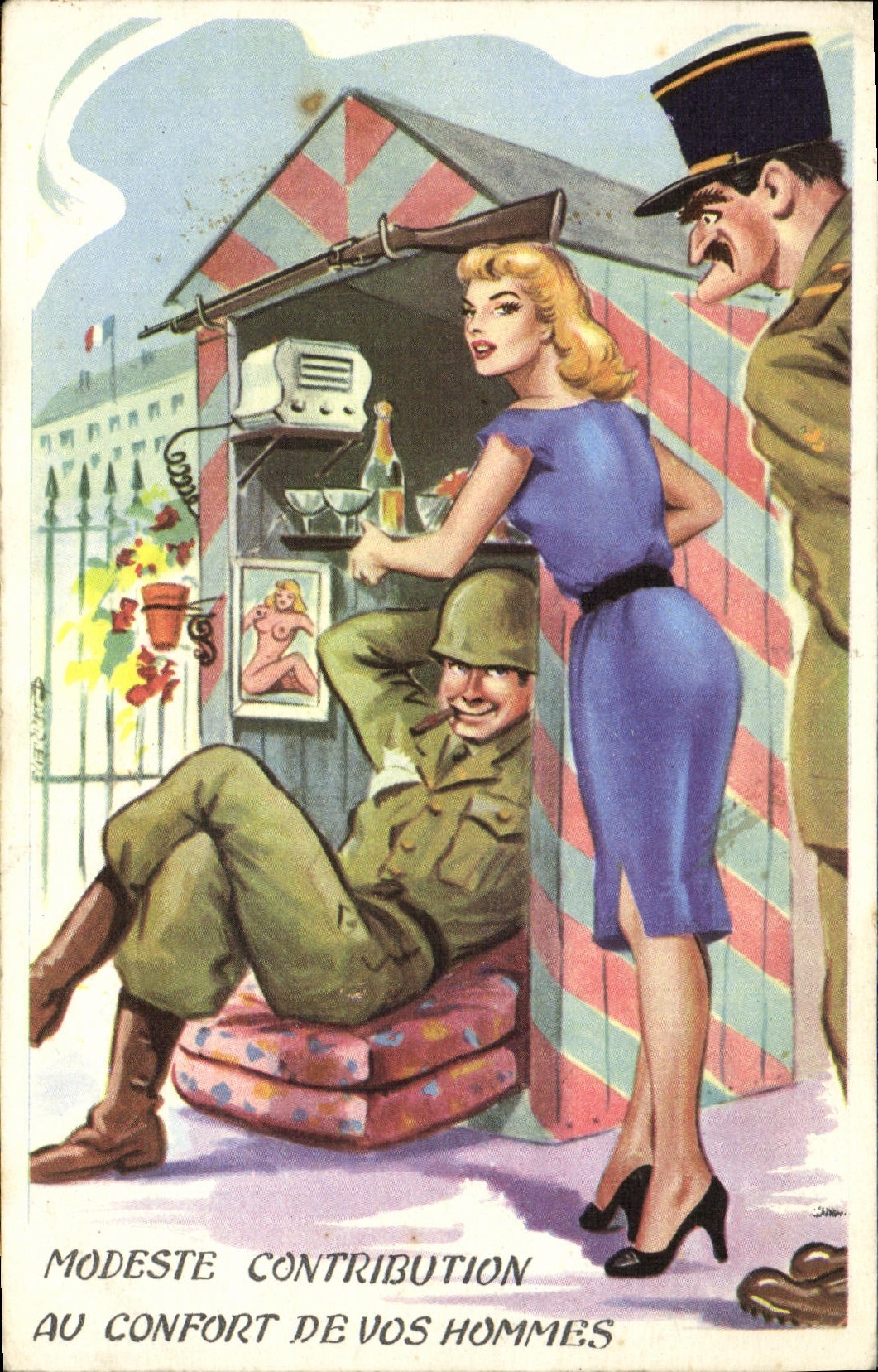 VINTAGE POSTCARD Militaria Modeste contribution to the comfort of your men Pine Up