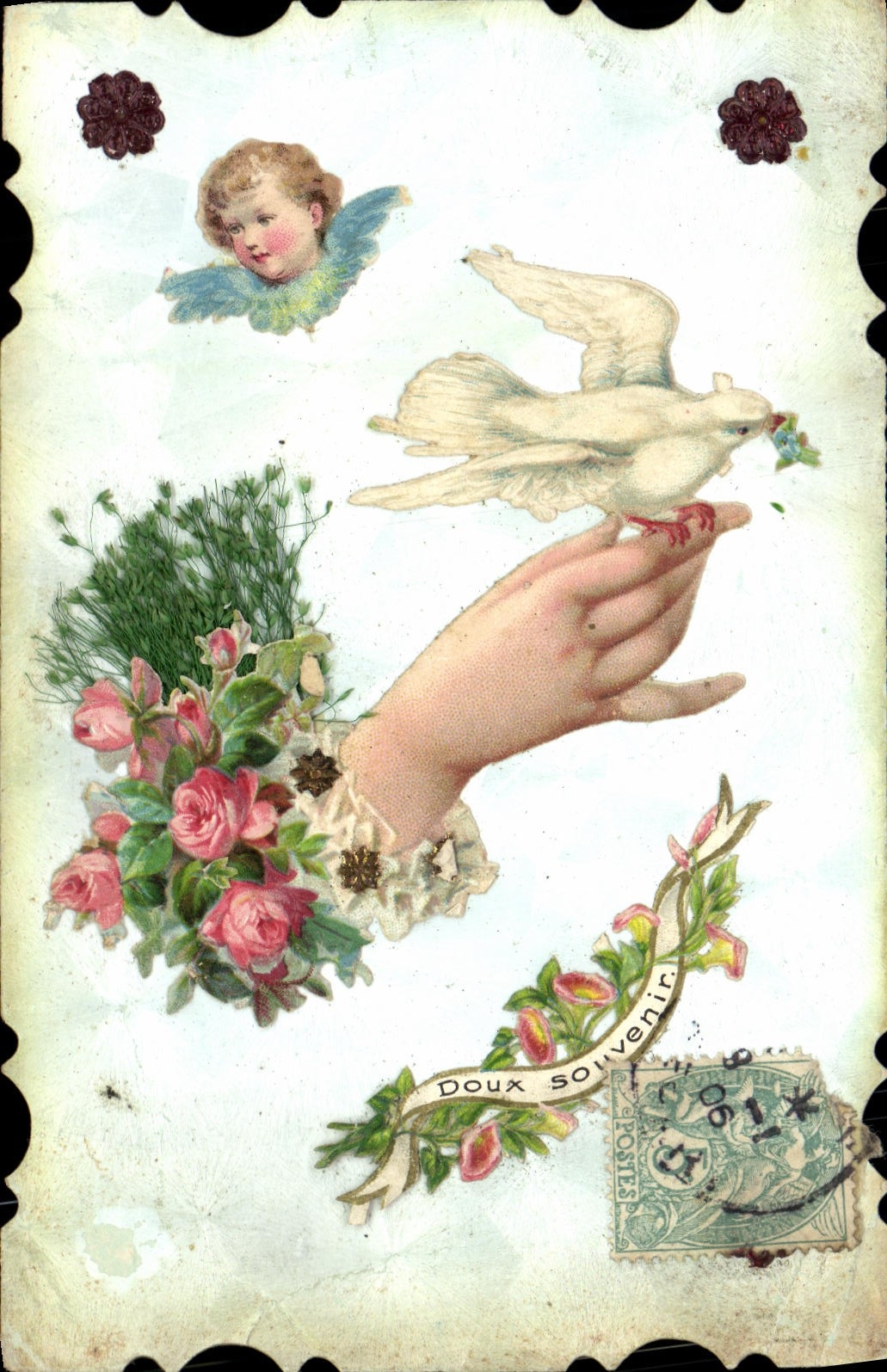 VINTAGE POSTCARD Fantasy Flowers Angel Dove