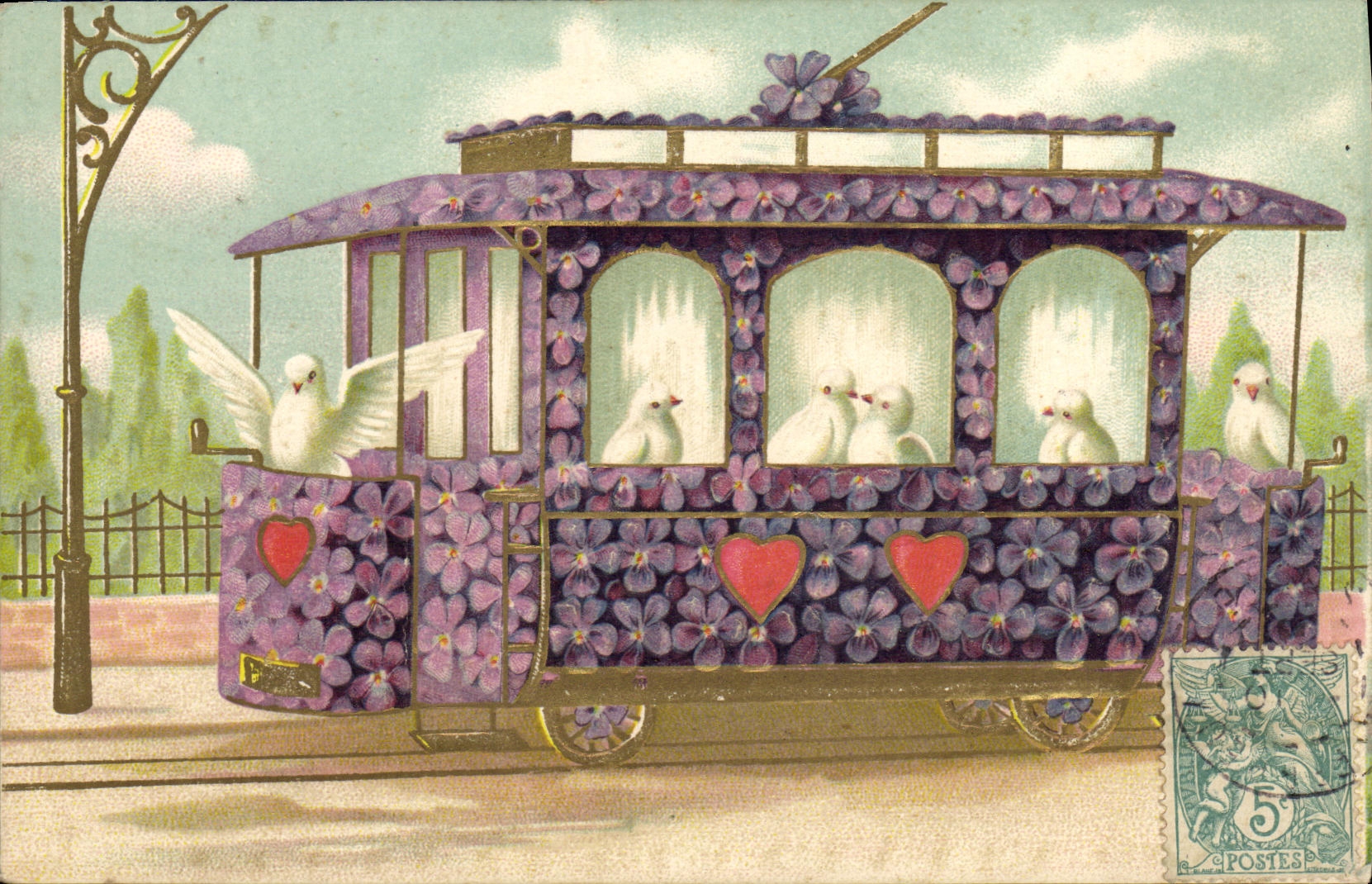 CPA Fantaisie Fleurs Colombes Train Tramway