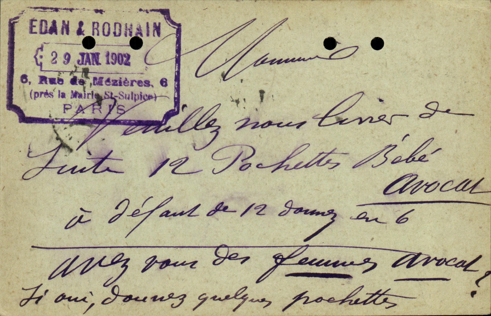 Carte Edan & Rodhain Rue de Mezieres pres la Mairie St Sulpice Paris 