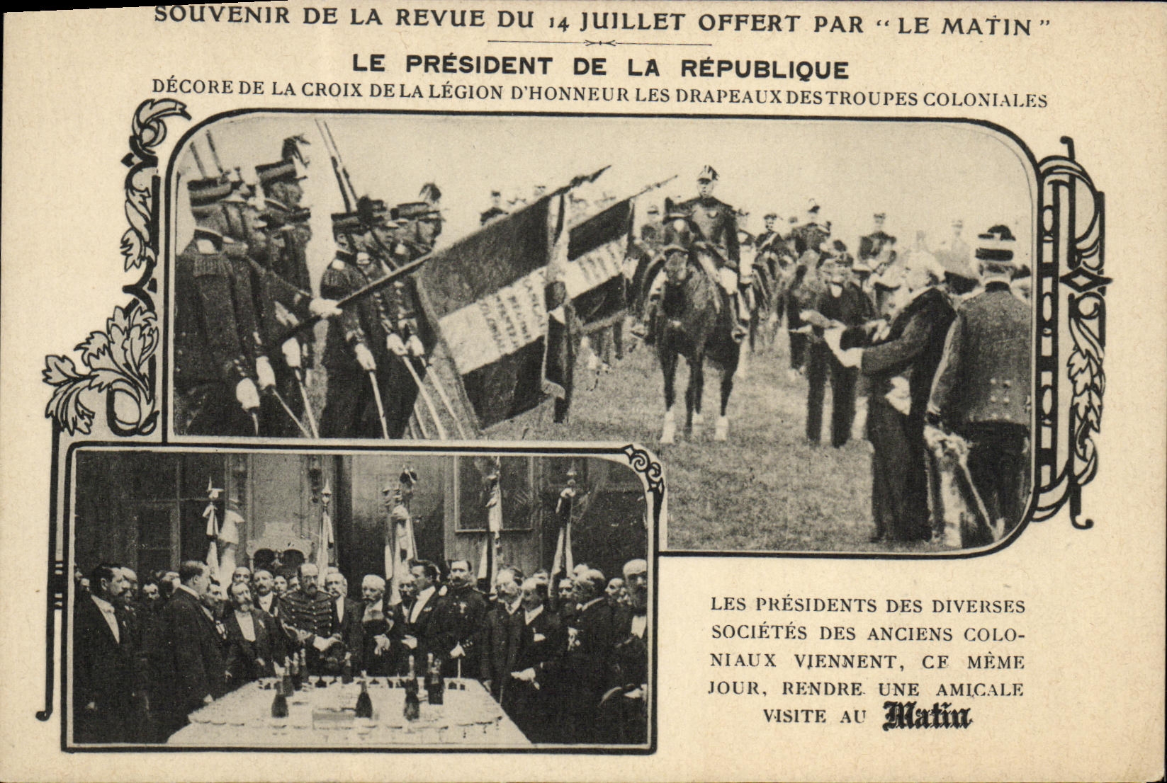 El recuerdo de la POSTAL de la VENDIMIA de la revisión del 14 de julio el presidente de la mañana de la república adorna las banderas con las tropas coloniales MI