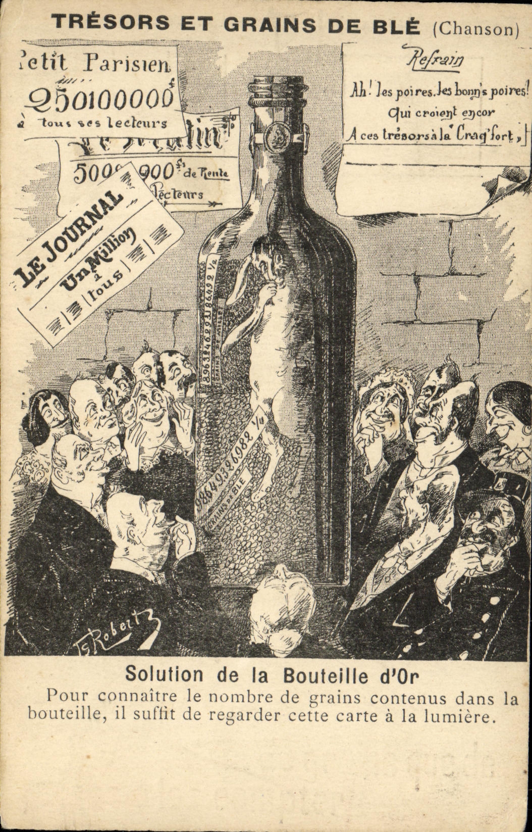Tesoros de la POSTAL de la VENDIMIA y granos de la solución del maíz de la botella del conejo del oro