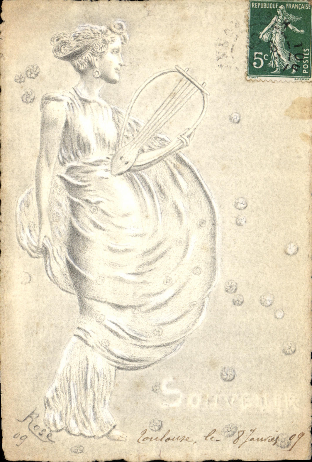 CPA DESSIN A LA MAIN Souvenir Femme Signe Rose 1908