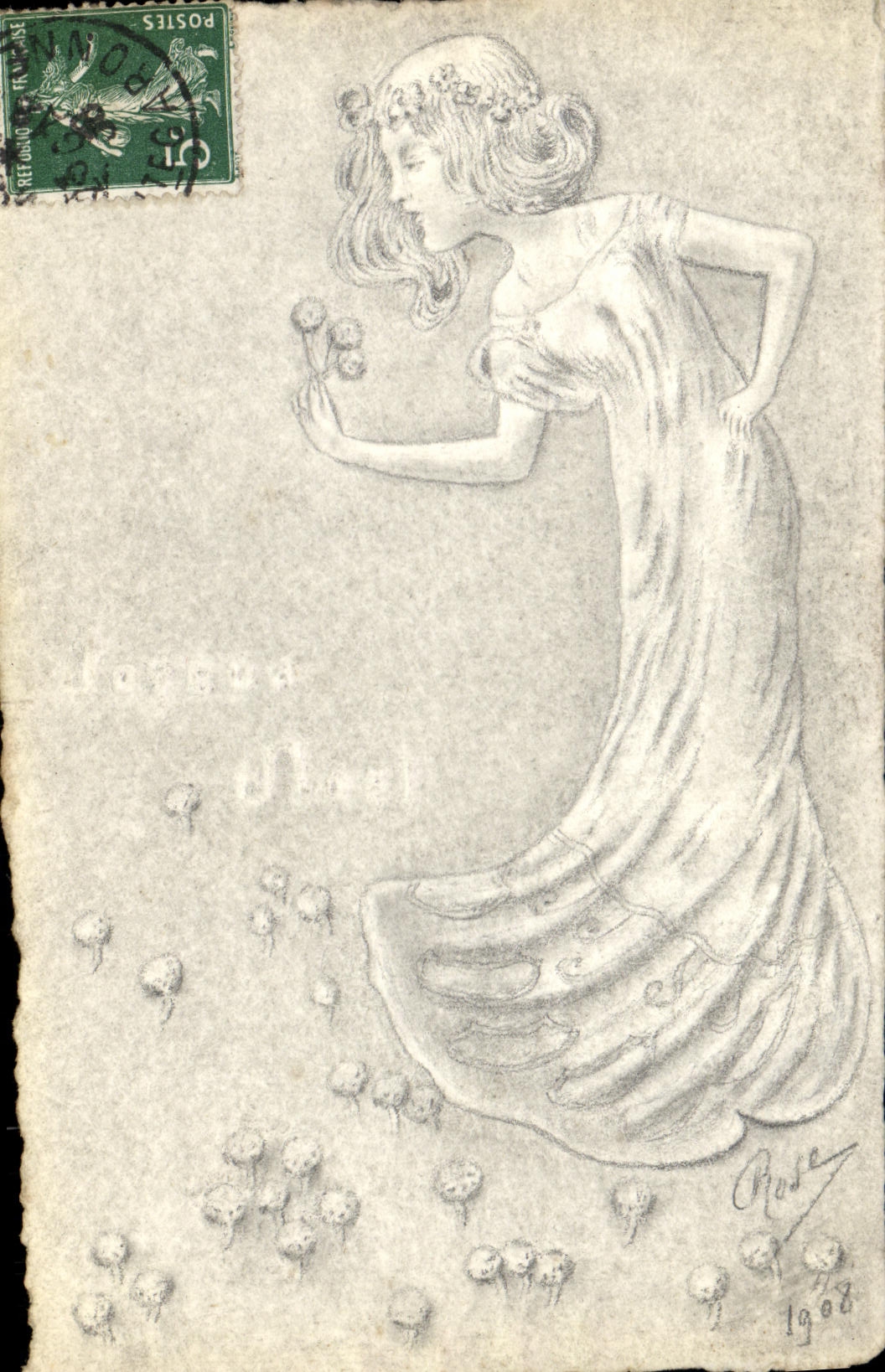 CPA DESSIN A LA MAIN Fantaisie Femme Noel signe rose 1909