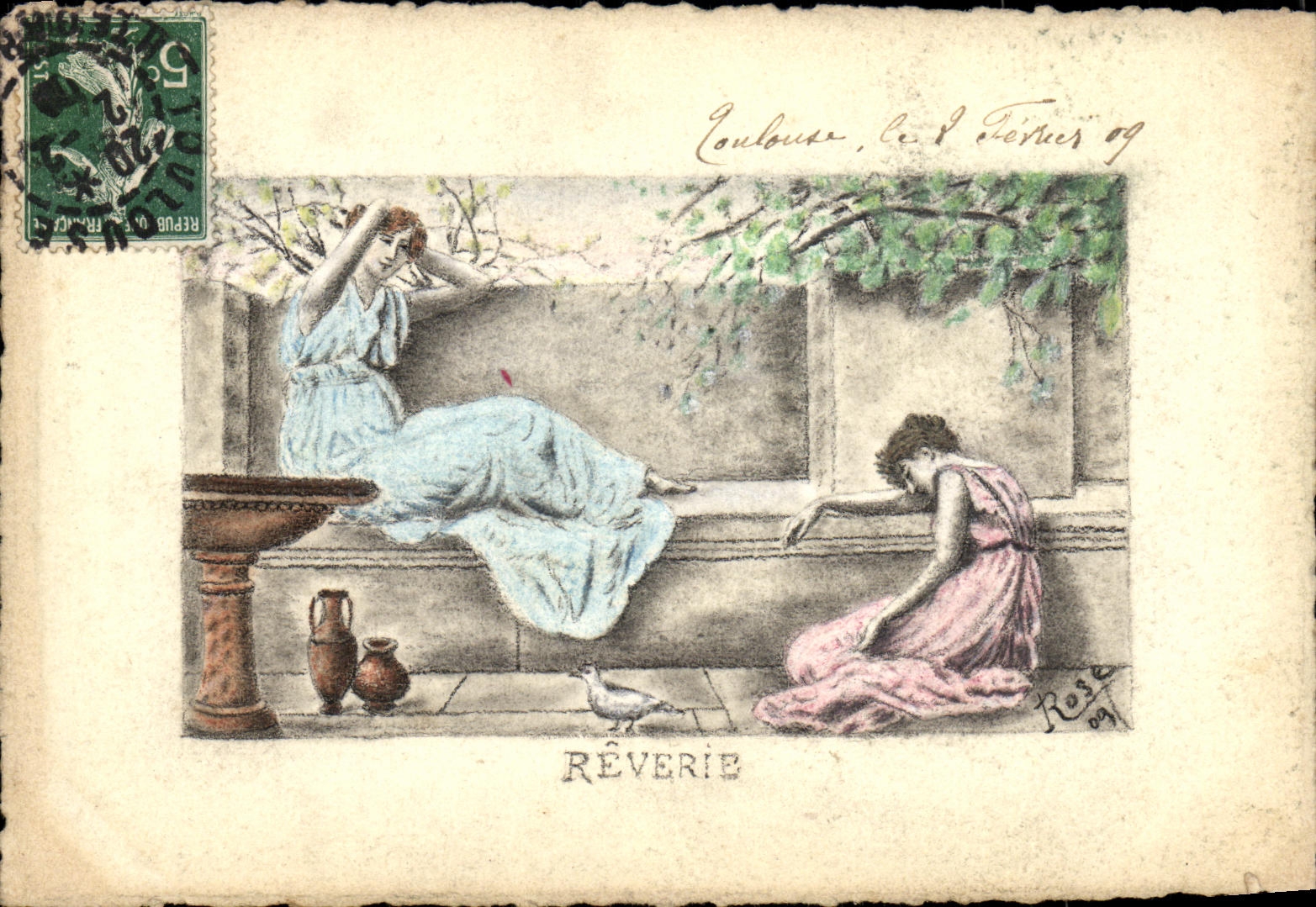 VINTAGE POSTCARD DRAWING WITH the HAND Fantasy Woman Daydream Signs Rose