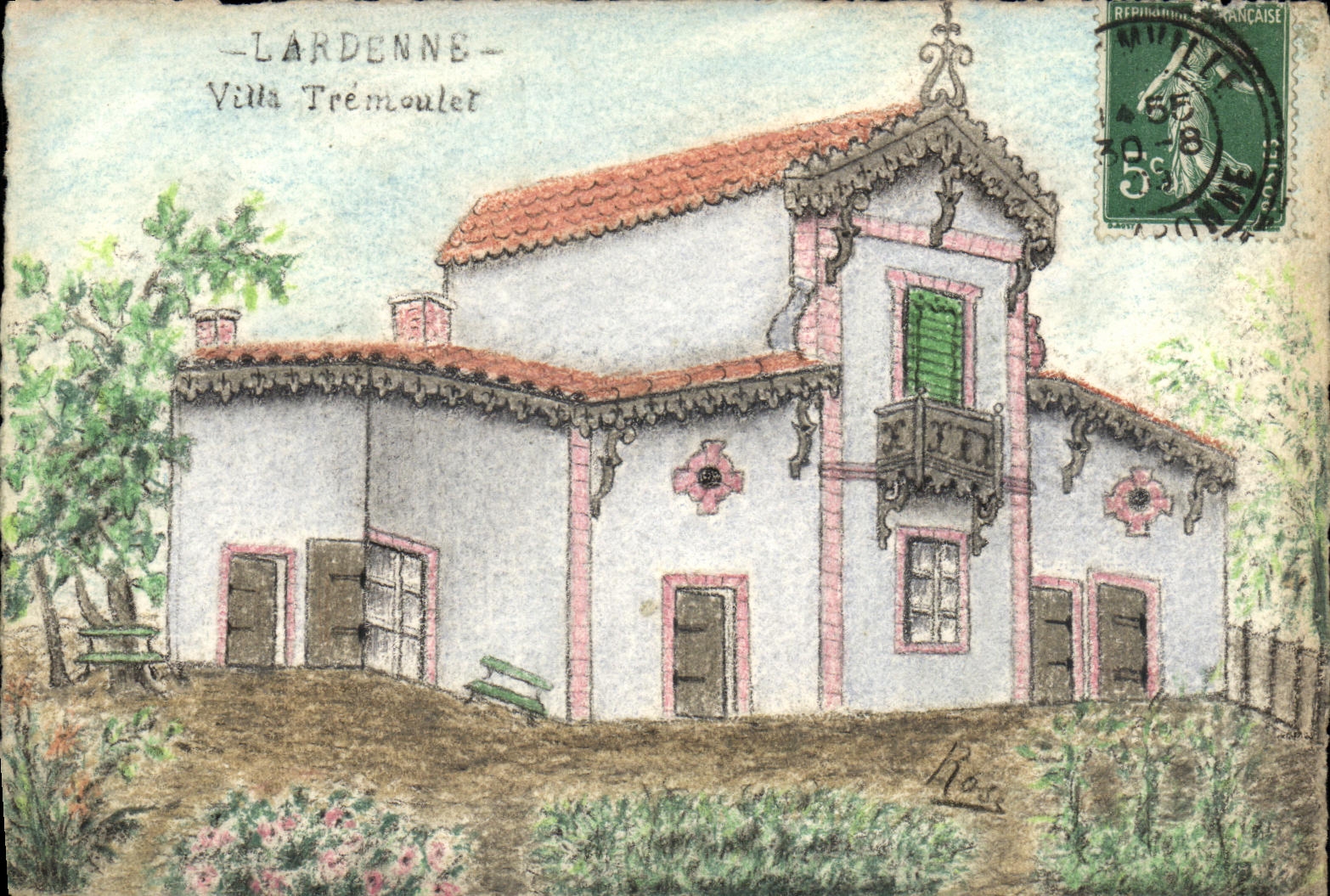 CPA DESSIN A LA MAIN Fantaisie Lardenne Villa Tremoulet Signe Rose 1909