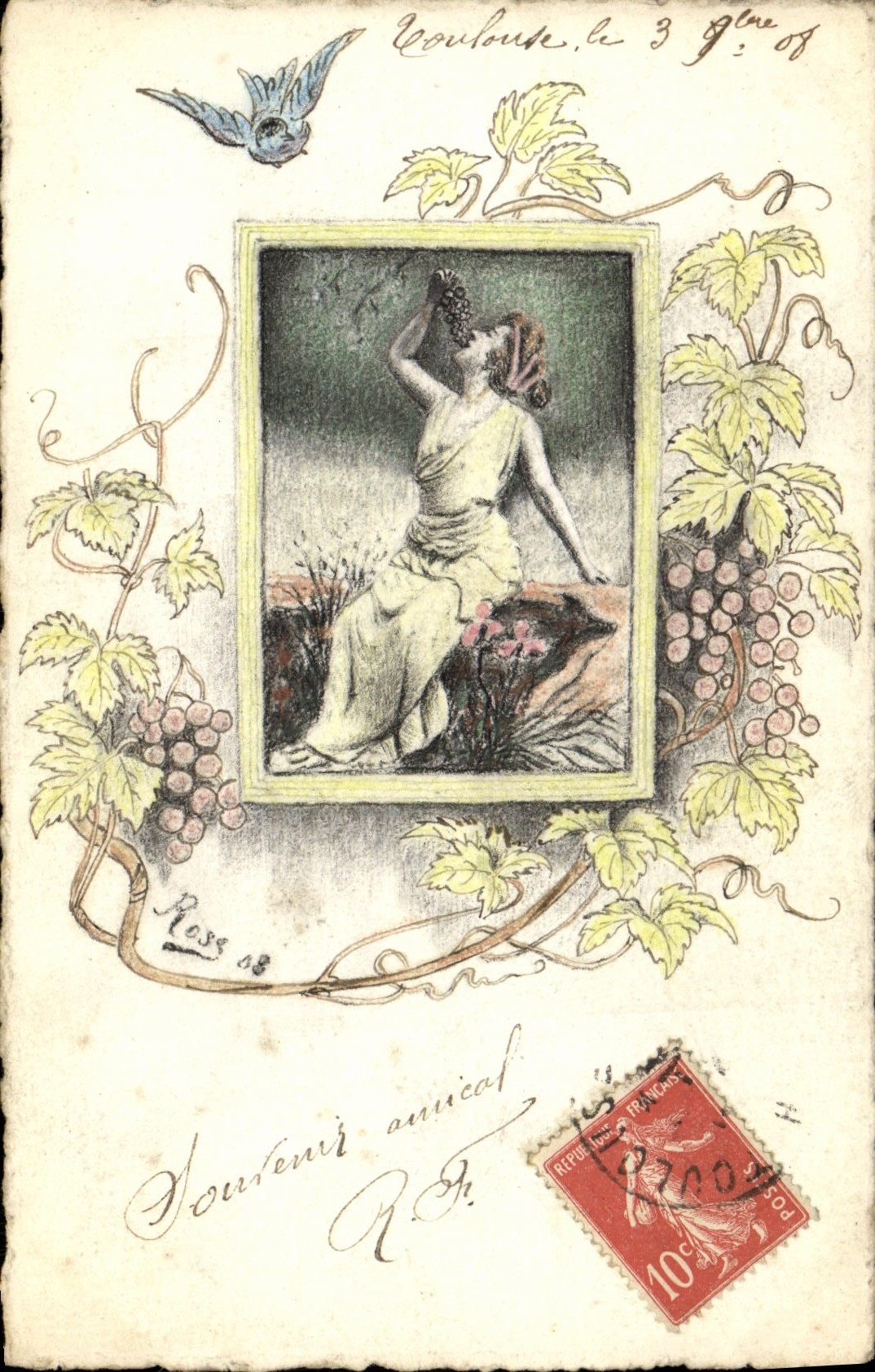 VINTAGE POSTCARD DRAWING WITH the HAND Woman signs Pink 1909